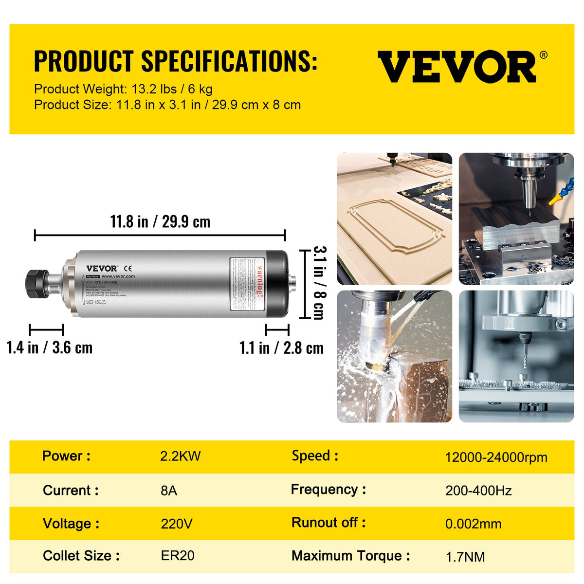 Air Cooled ER20 CNC Spindle Motor 2.2KW 24000 RPM 400Hz for Router Milling