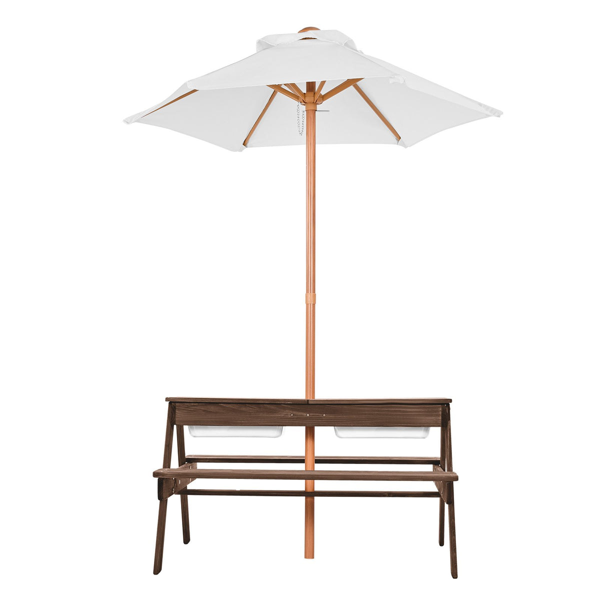 Kids Picnic Table with Umbrella 3-in-1 Sand Water Table Wooden Bench Set Walnut