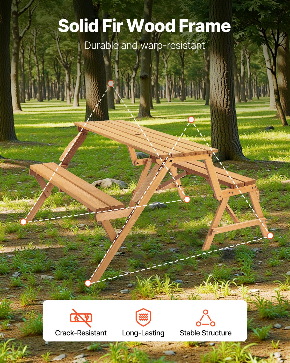 Picnic Table 2-in-1 Transforming Wooden Outdoor Table Bench Set Umbrella Hole
