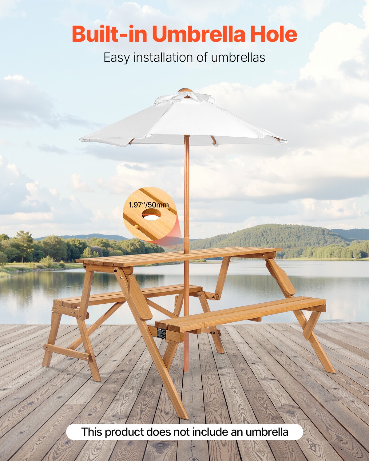 Picnic Table 2-in-1 Transforming Wooden Outdoor Table Bench Set Umbrella Hole