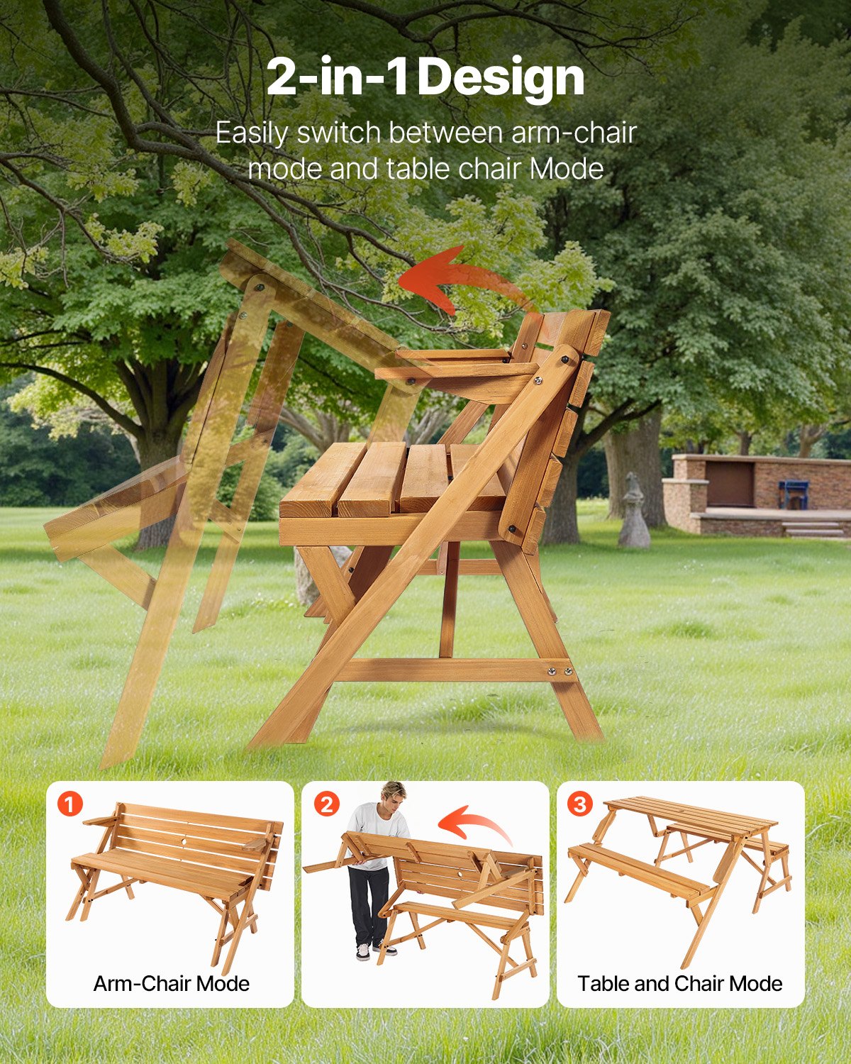 Picnic Table 2-in-1 Transforming Wooden Outdoor Table Bench Set Umbrella Hole