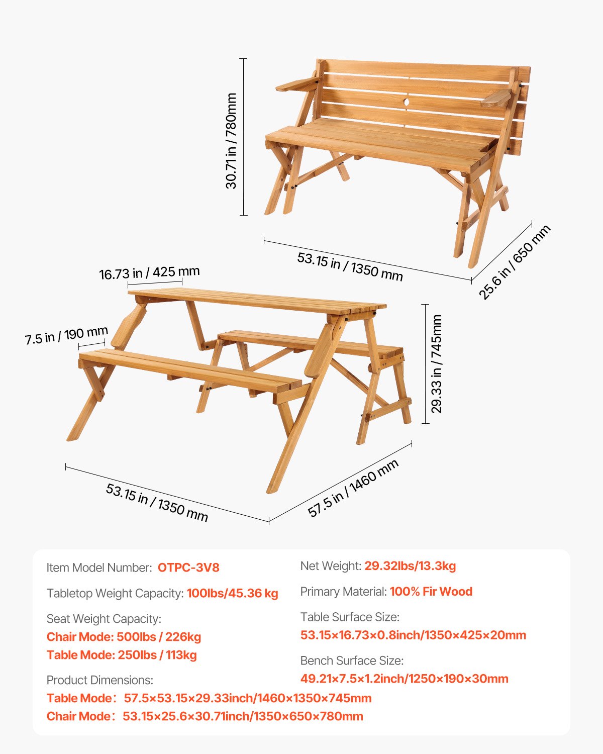 Picnic Table 2-in-1 Transforming Wooden Outdoor Table Bench Set Umbrella Hole
