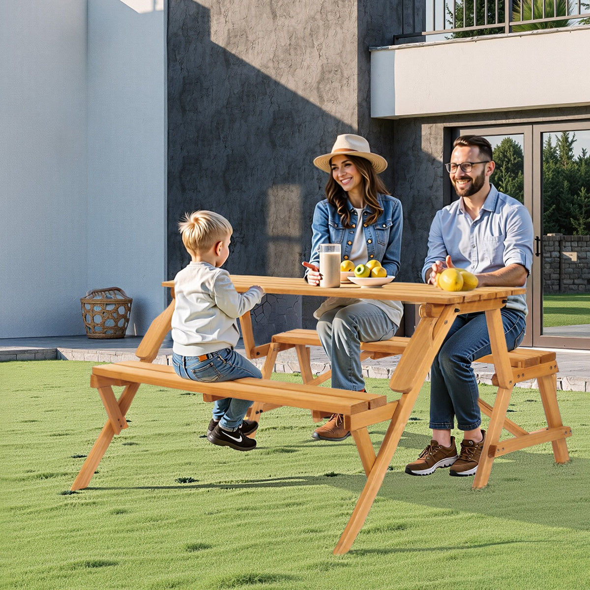 Picnic Table 2-in-1 Transforming Wooden Outdoor Table Bench Set Umbrella Hole
