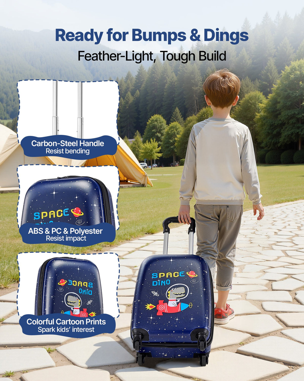 Kids Luggage Set 2-Piece, 45.7 cm Hardside Rolling Suitcase & Backpack, Dinosaur