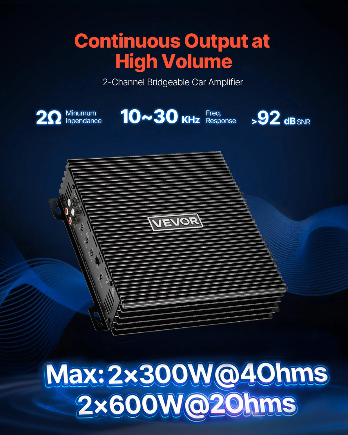 2 Channel Car Audio Amplifier Class AB Bridgeable 600W Max Stereo Amp