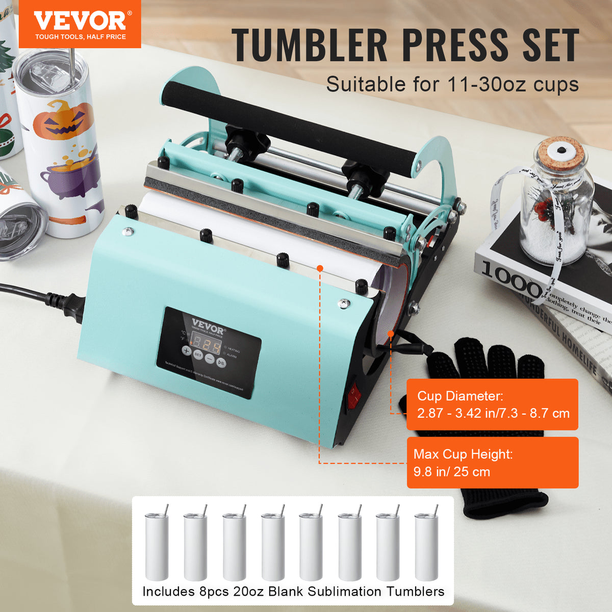 8pcs Tumbler Heat Press Machine Set with 20oz Blank Tumblers
