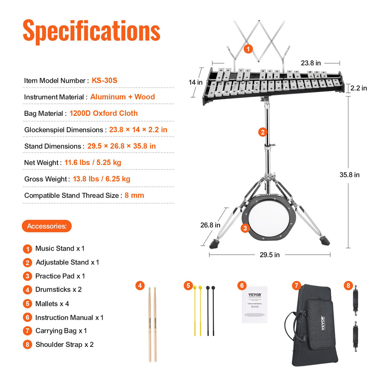 Glockenspiel Xylophone 30-Note Percussion Set Mallets Stand Pad Carry Bag
