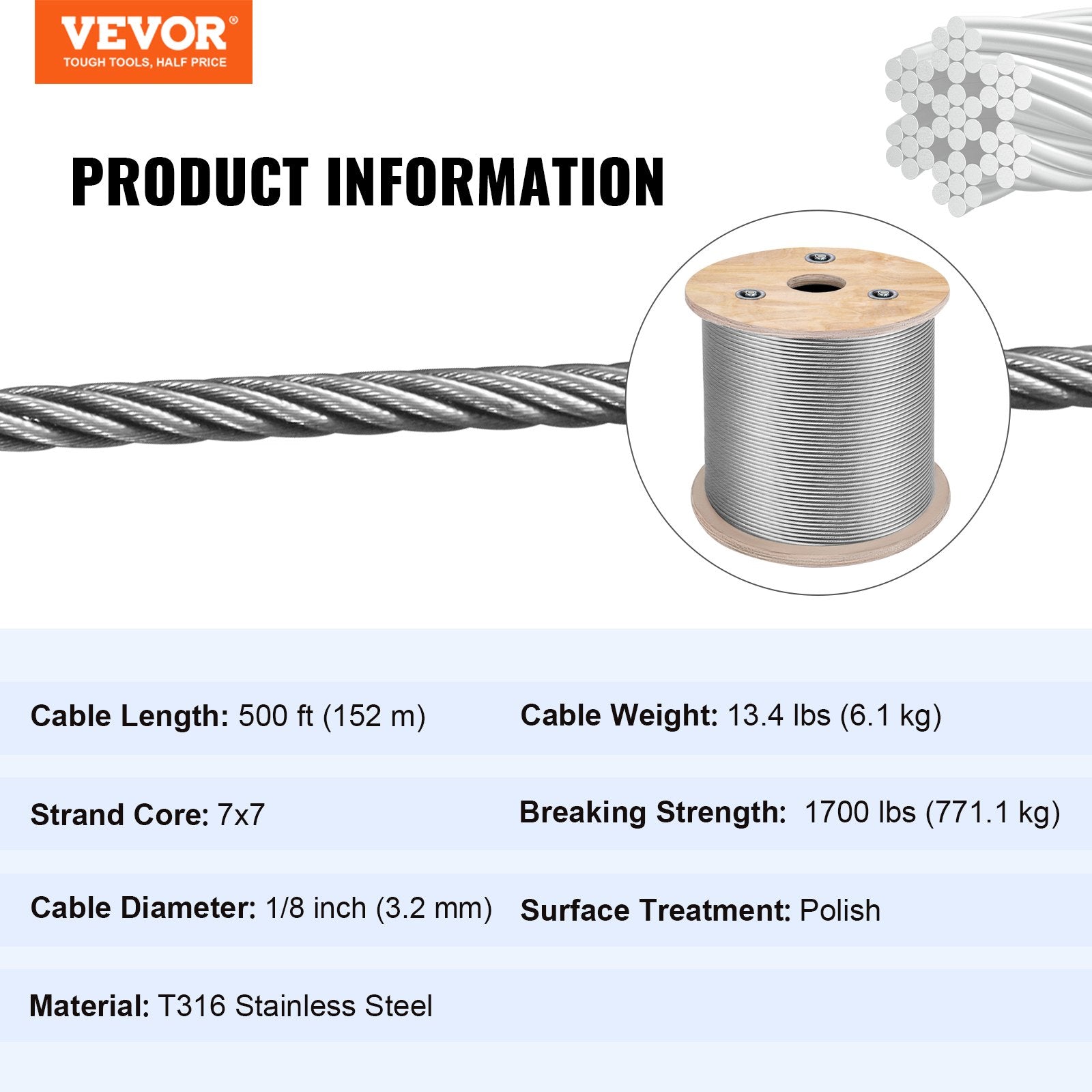 T316 Stainless Steel Cable 3.2mm 7x7 Wire Rope 152M for Railing Decking DIY