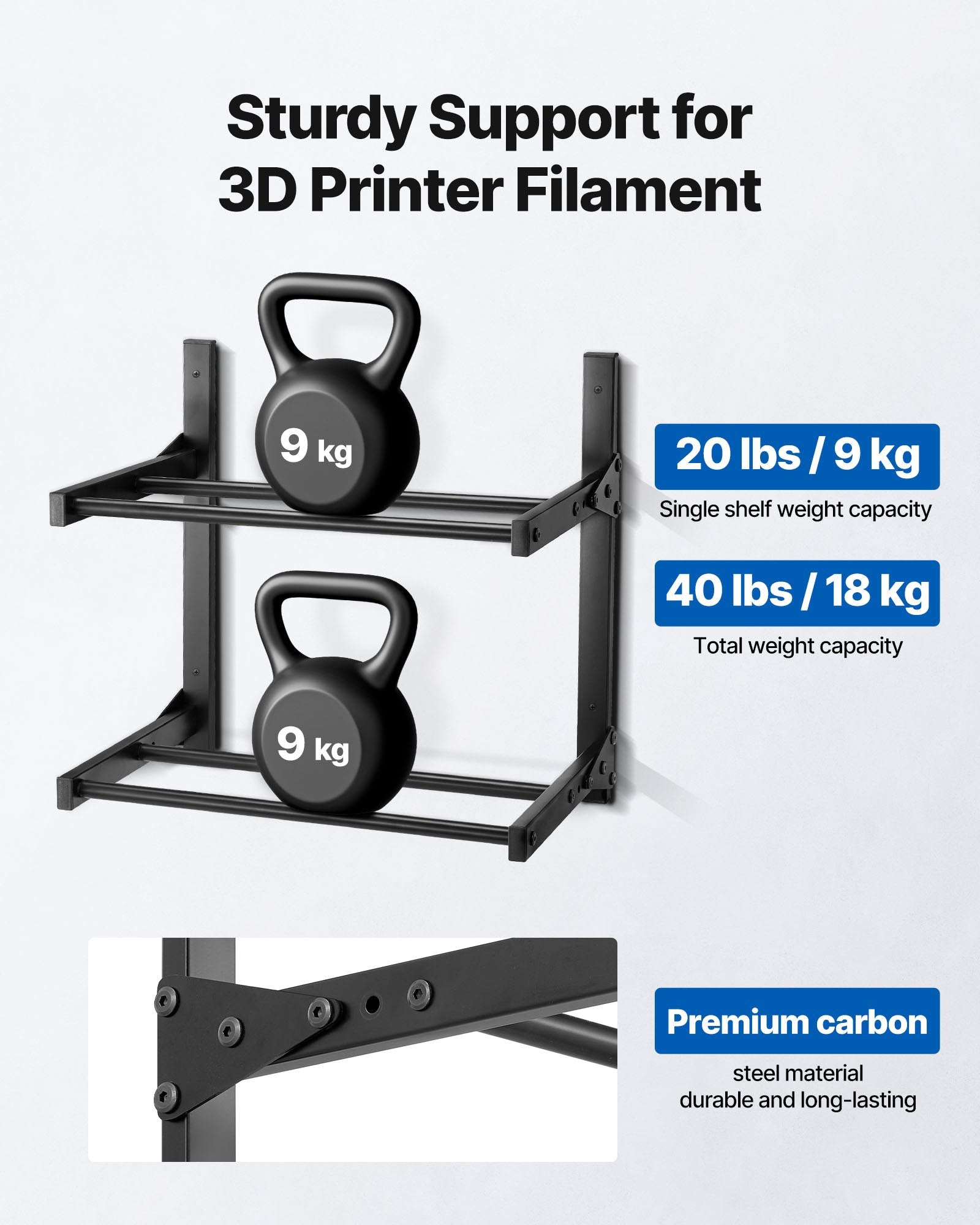 2-Tier Wall Mount Filament Rack with Rolling Spool Holders for 3D Printing