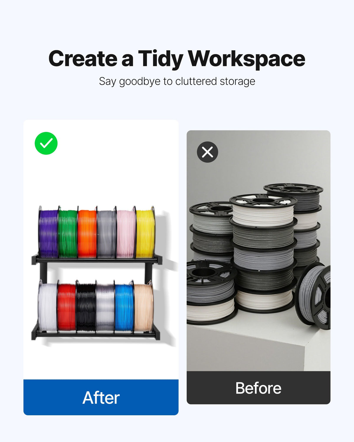 2-Tier Wall Mount Filament Rack with Rolling Spool Holders for 3D Printing