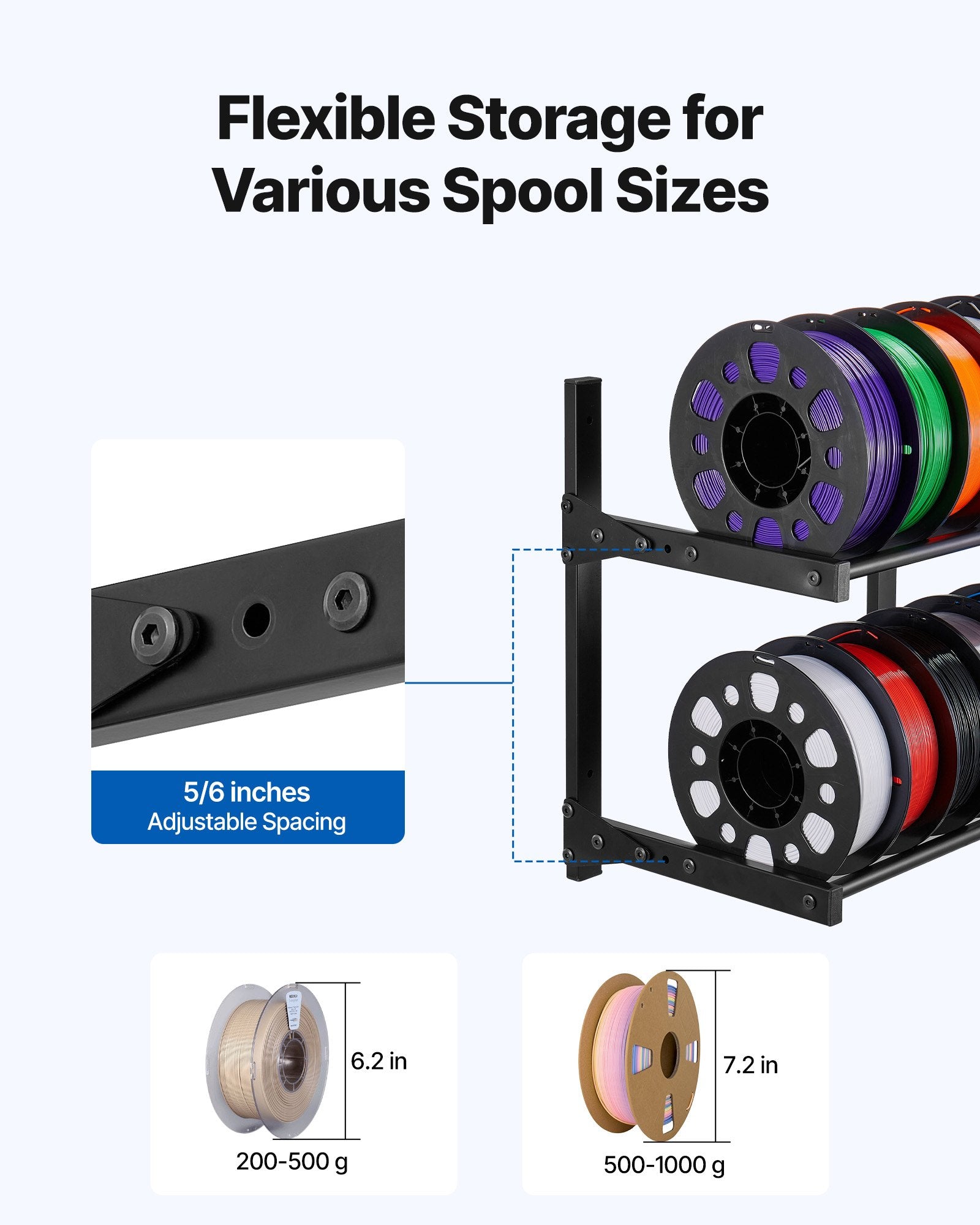 2-Tier Wall Mount Filament Rack with Rolling Spool Holders for 3D Printing