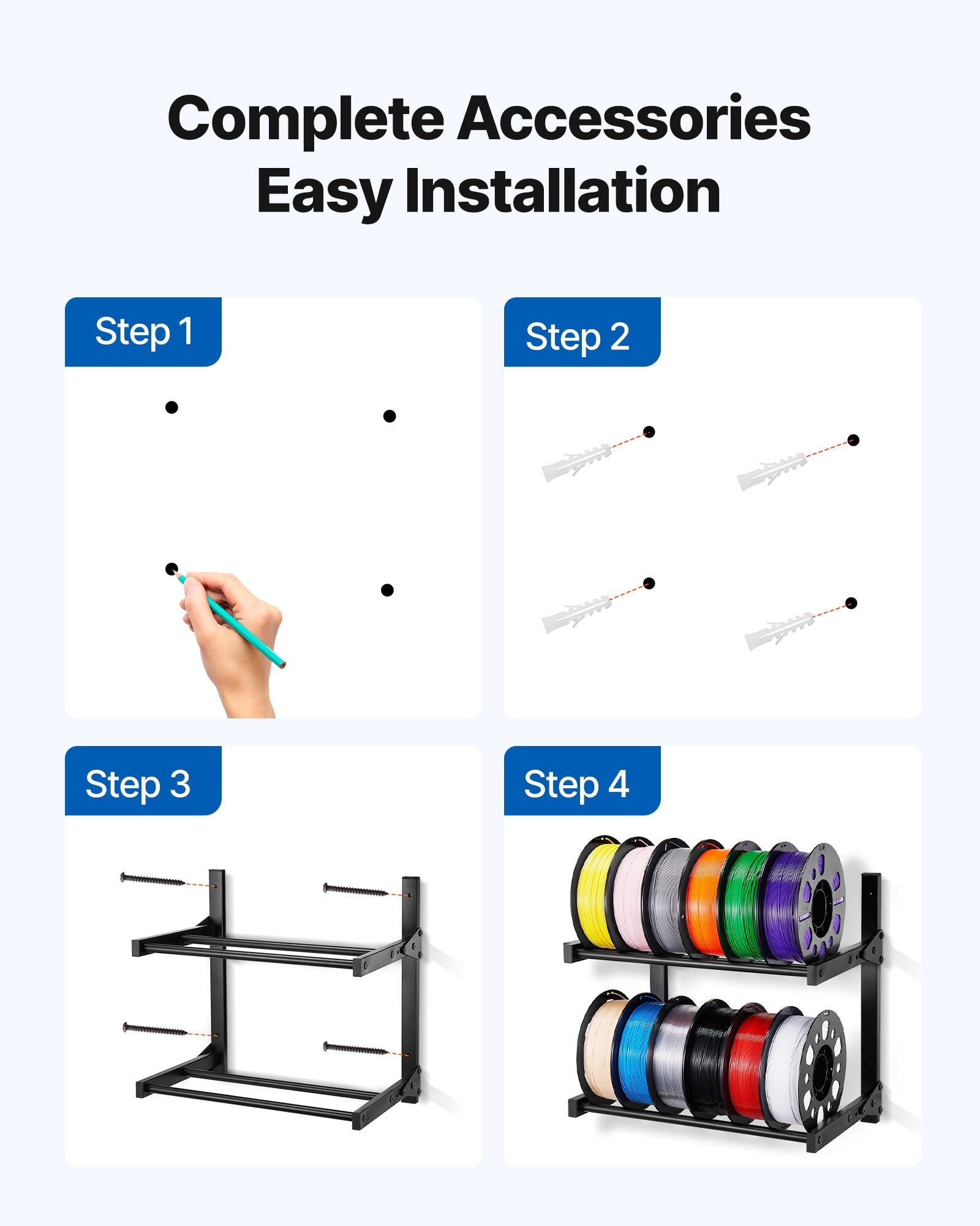 2-Tier Wall Mount Filament Rack with Rolling Spool Holders for 3D Printing