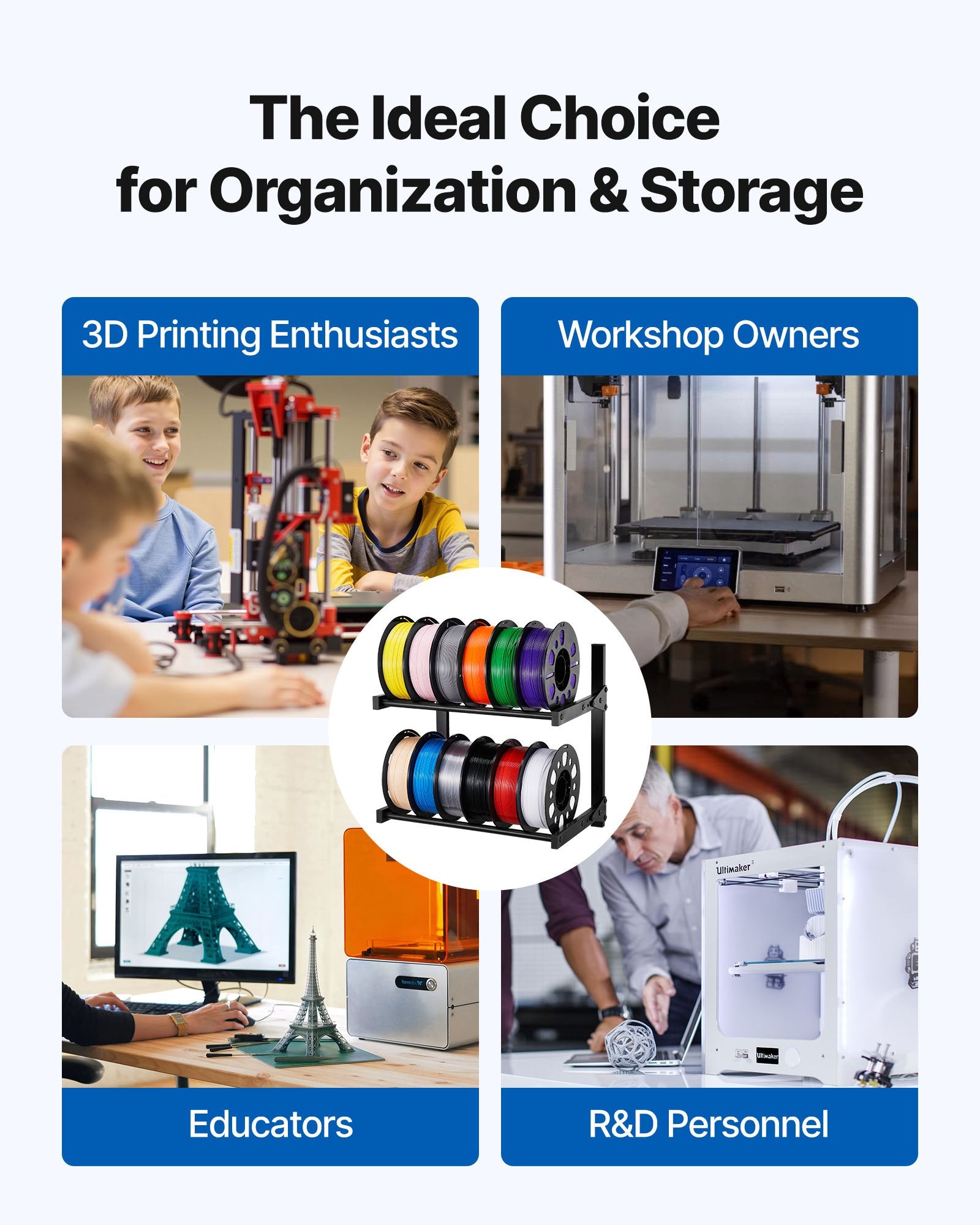 2-Tier Wall Mount Filament Rack with Rolling Spool Holders for 3D Printing