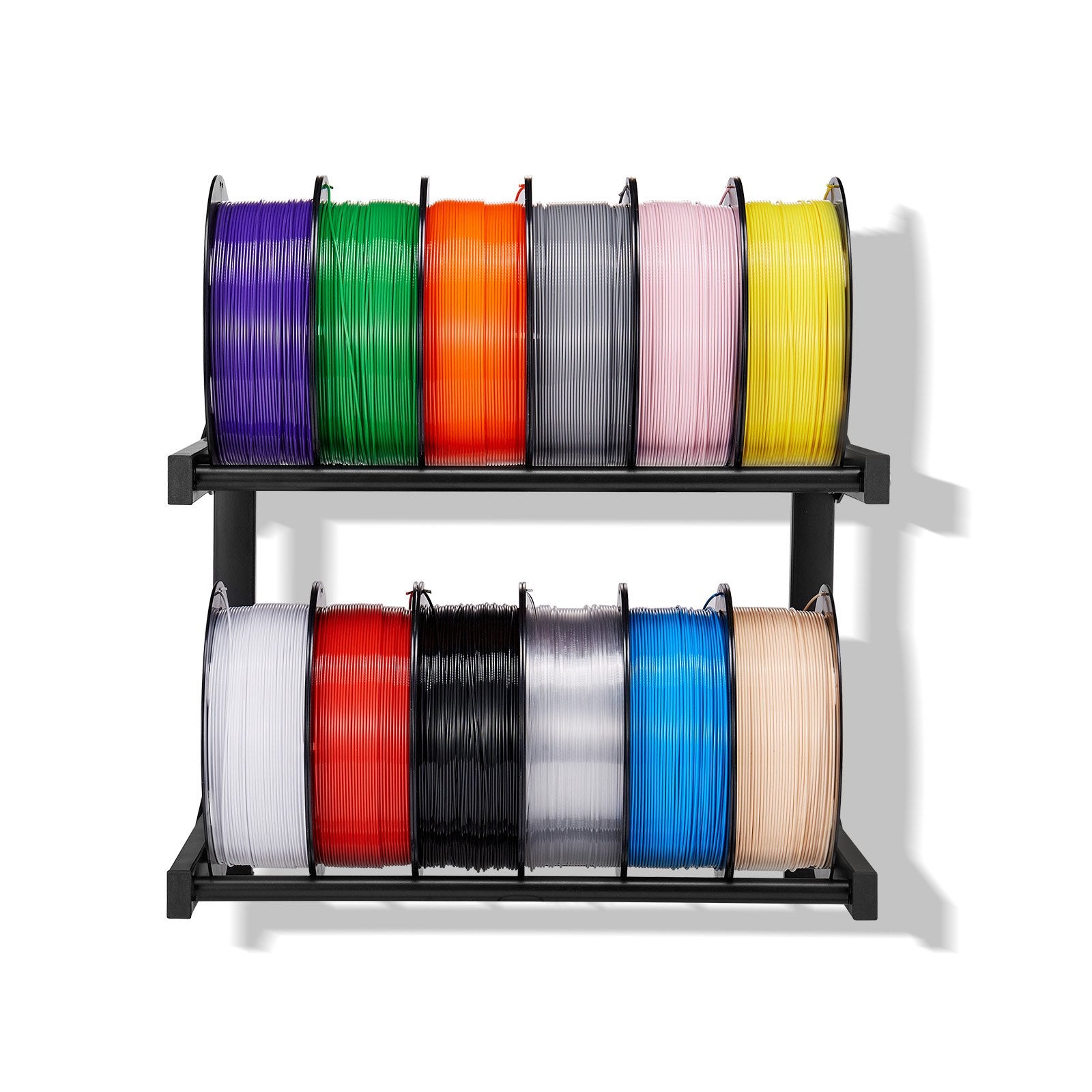2-Tier Wall Mount Filament Rack with Rolling Spool Holders for 3D Printing
