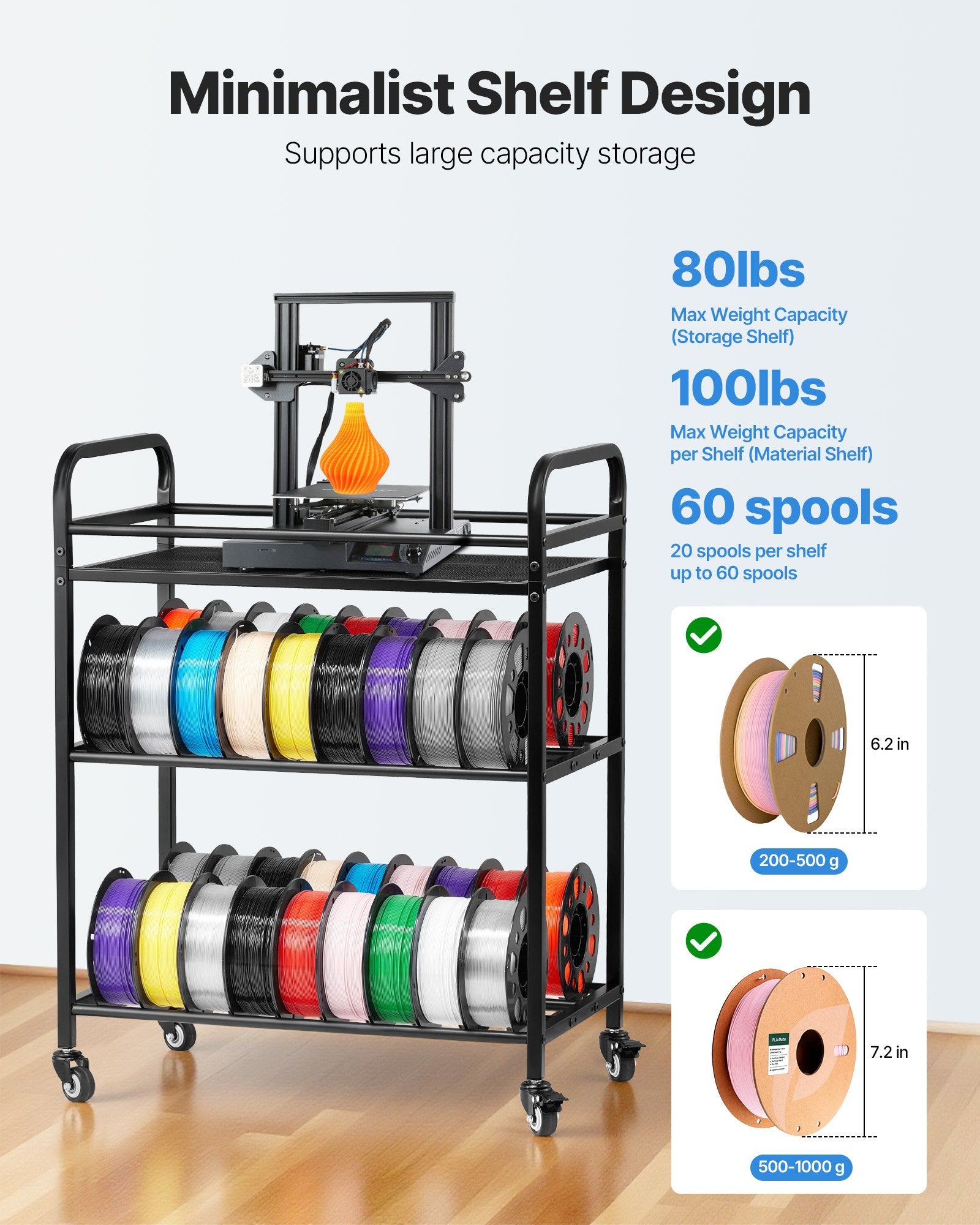 Heavy-Duty 3-Tier Filament Rack for 3D Printing with Wheels (Shelf Only)