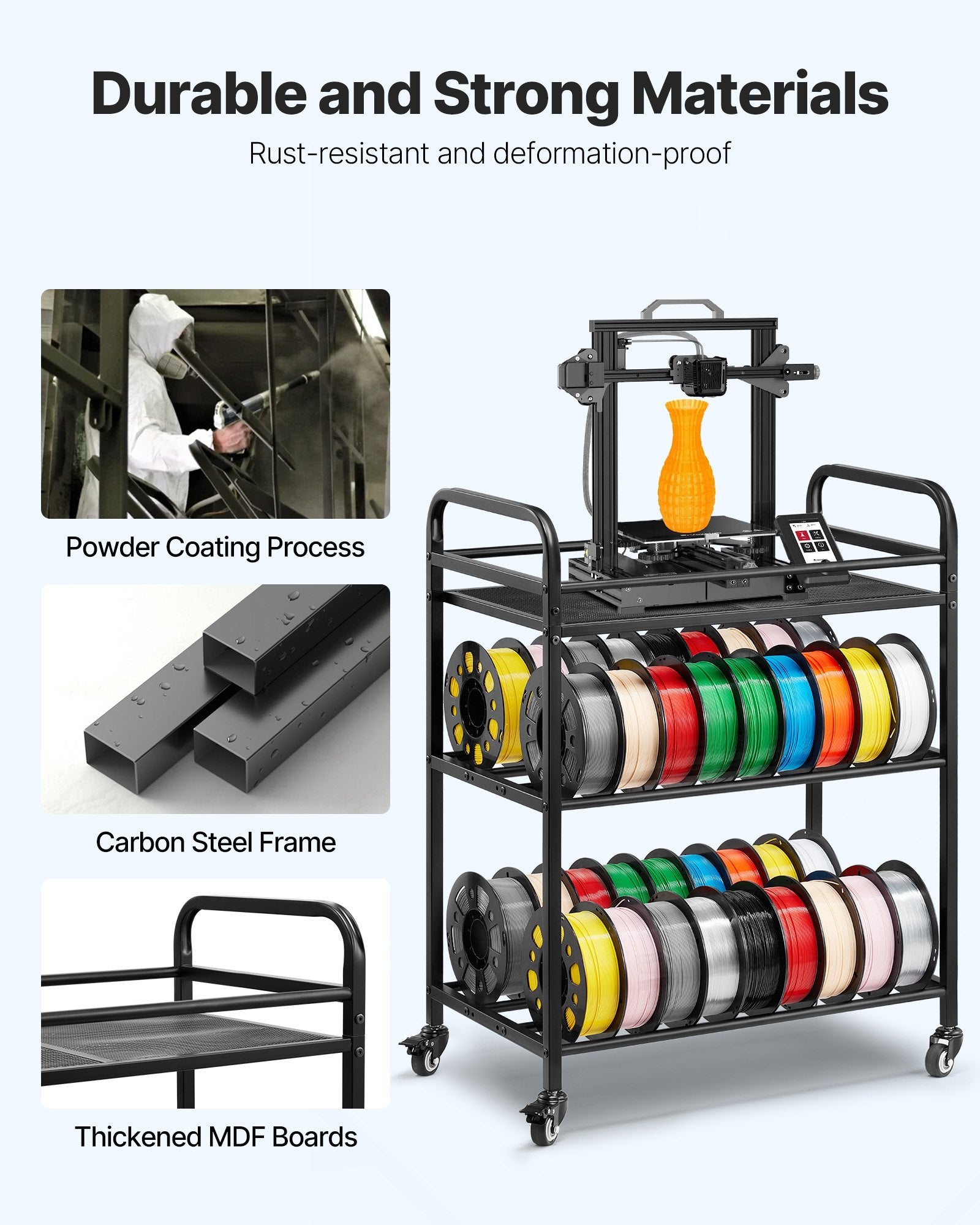 Heavy-Duty 3-Tier Filament Rack for 3D Printing with Wheels (Shelf Only)