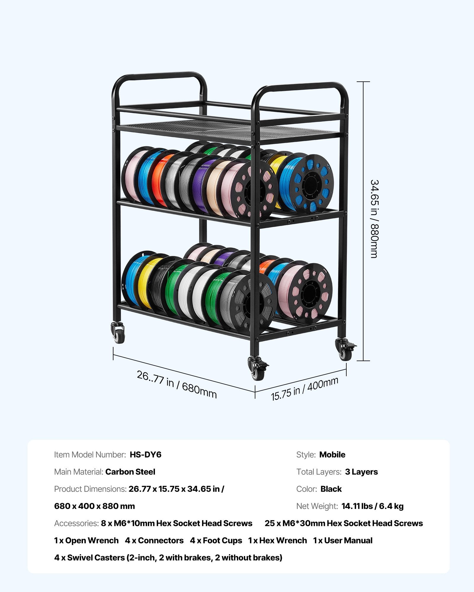Heavy-Duty 3-Tier Filament Rack for 3D Printing with Wheels (Shelf Only)