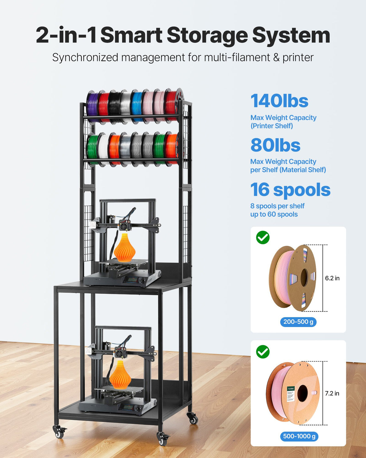 3D Printer Filament Storage Rack, 4-Tier Spool Holder Cart with Wheels