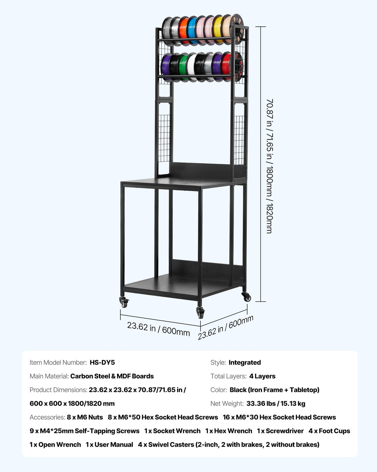 3D Printer Filament Storage Rack, 4-Tier Spool Holder Cart with Wheels