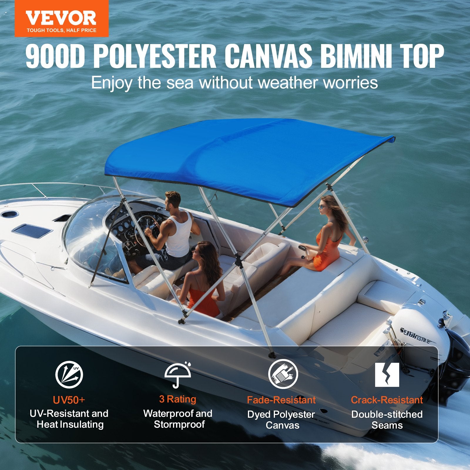 3 Bow Bimini Top Boat Cover 900D Polyester, Aluminum Frame, Waterproof Sun Shade