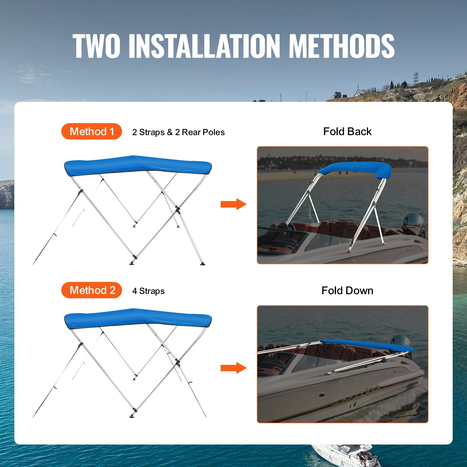 3 Bow Bimini Top Boat Cover 900D Polyester, Aluminum Frame, Waterproof Sun Shade