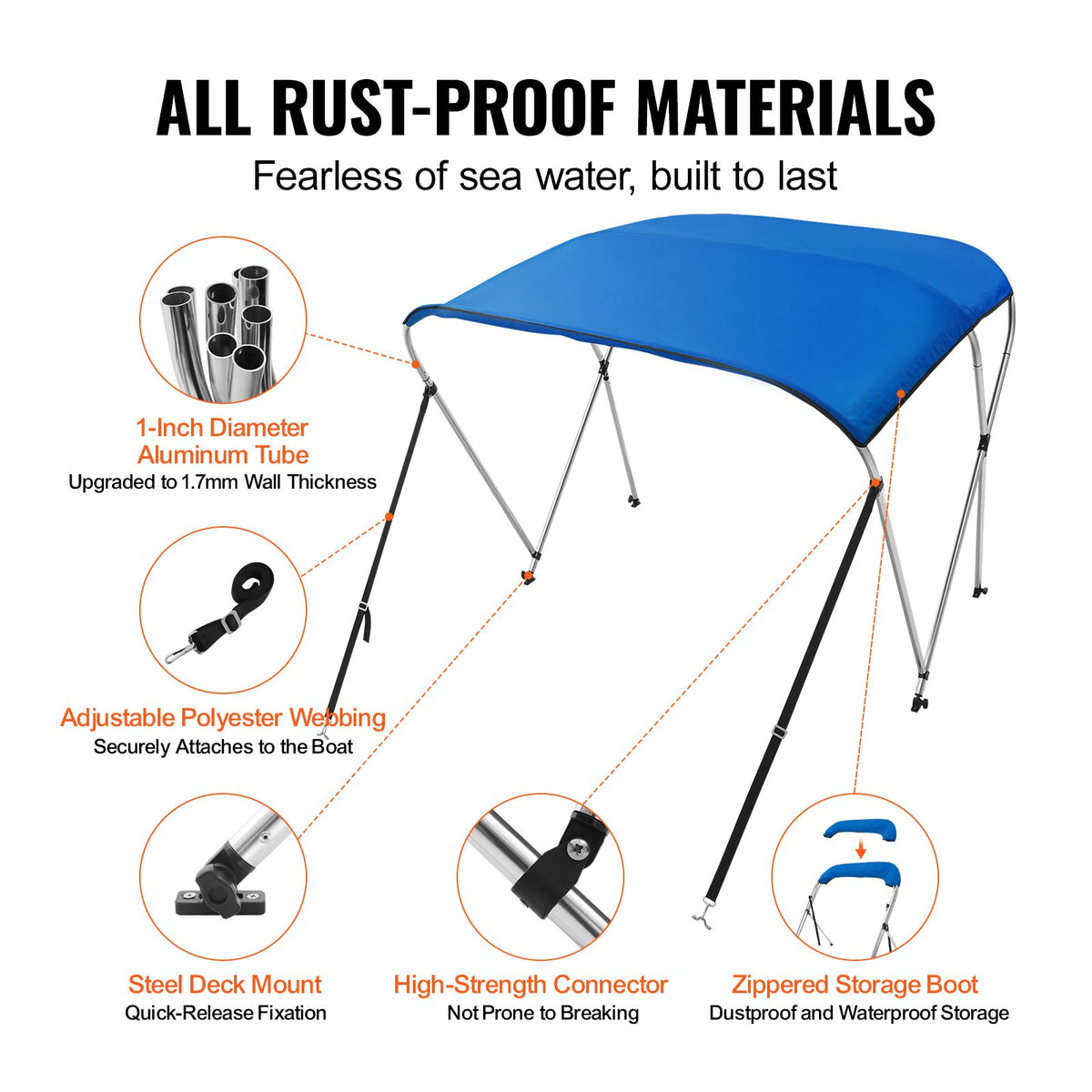 3 Bow Bimini Top Boat Cover 900D Polyester, Aluminum Frame, Waterproof Sun Shade