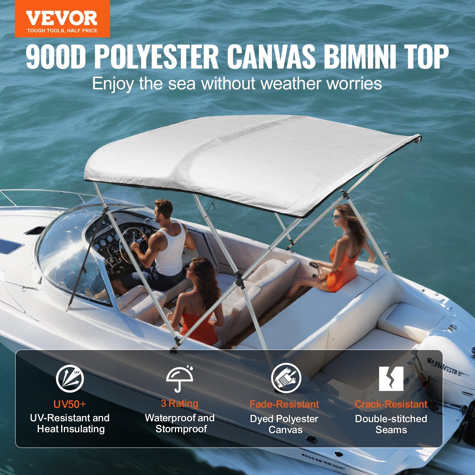 3 Bow Bimini Top Boat Cover 900D Polyester Aluminum Frame Waterproof Grey