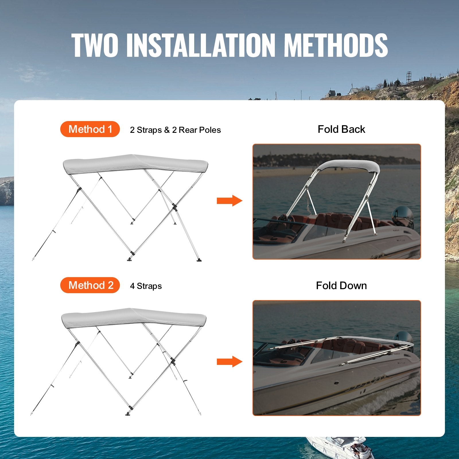 3 Bow Bimini Top Boat Cover 900D Polyester Aluminum Frame Waterproof Grey