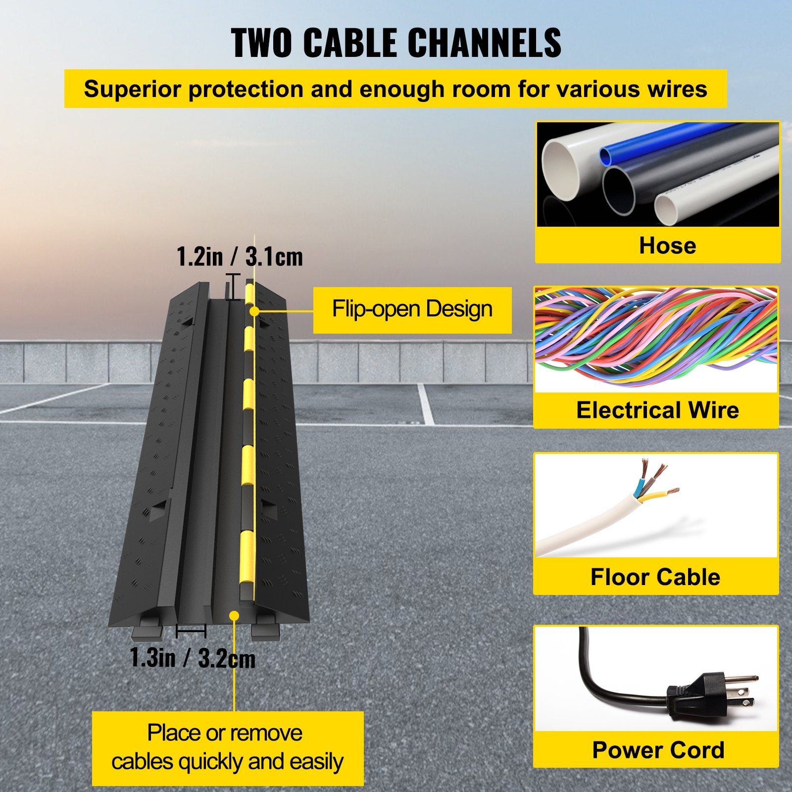 3 Pcs 2-Cable Rubber Electrical Wire Cover Ramp 11000LBS Cord Protector