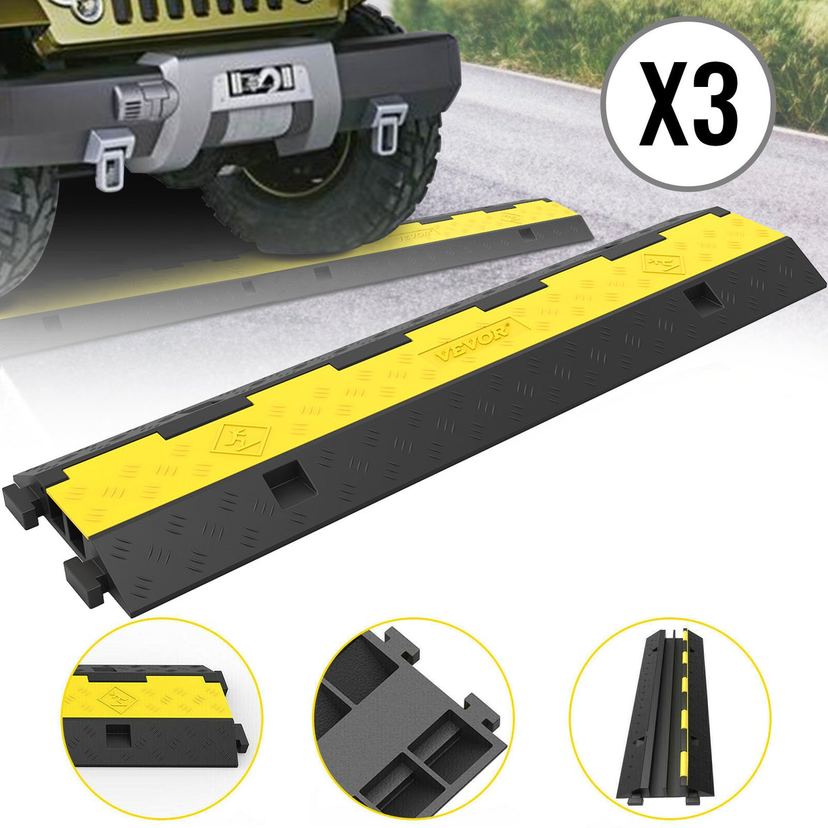 3 Pcs 2-Cable Rubber Electrical Wire Cover Ramp 11000LBS Cord Protector