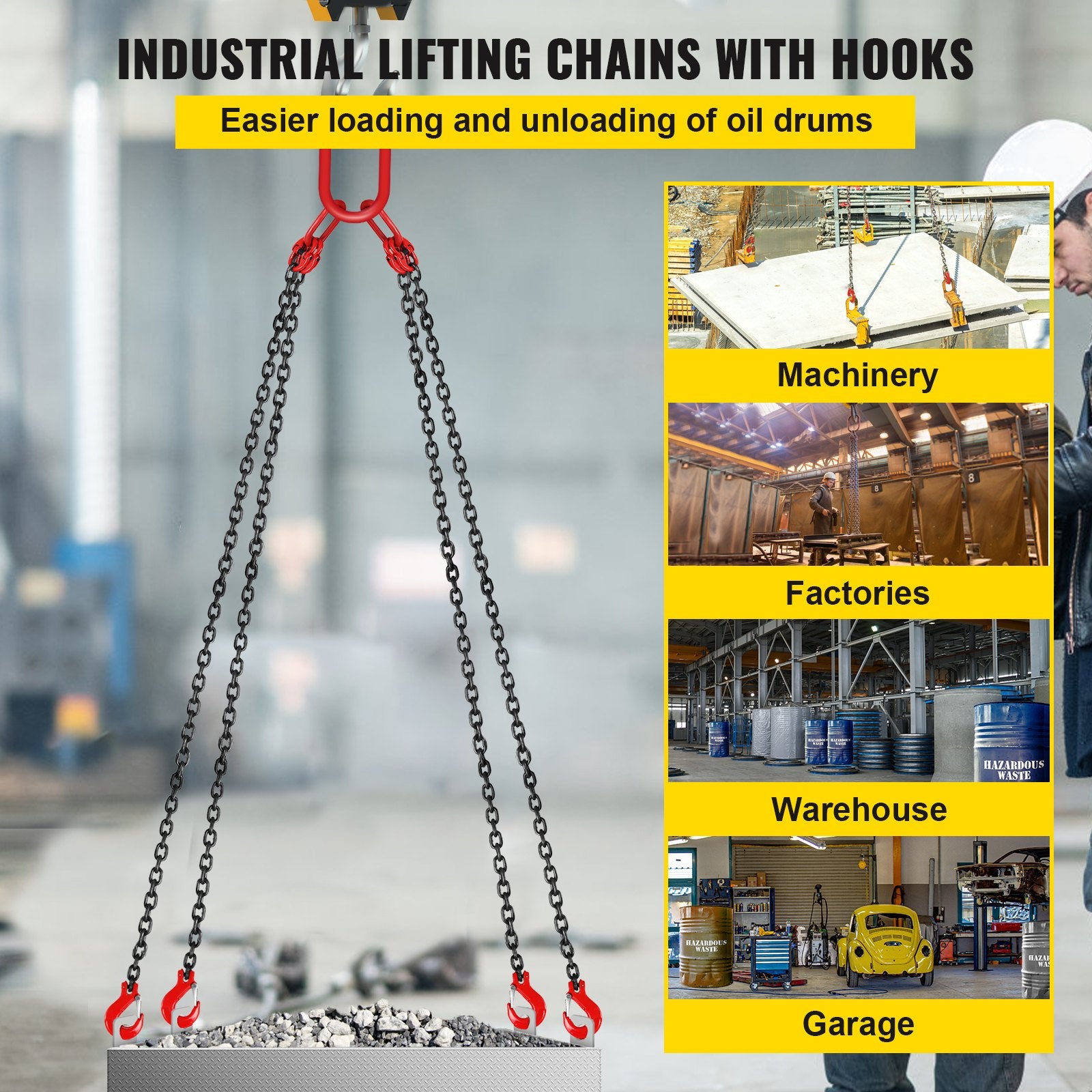 Chain Sling 8mm x 300cm, G80 5 Ton Engine Hoist Lifting Chain 4 Leg Hooks