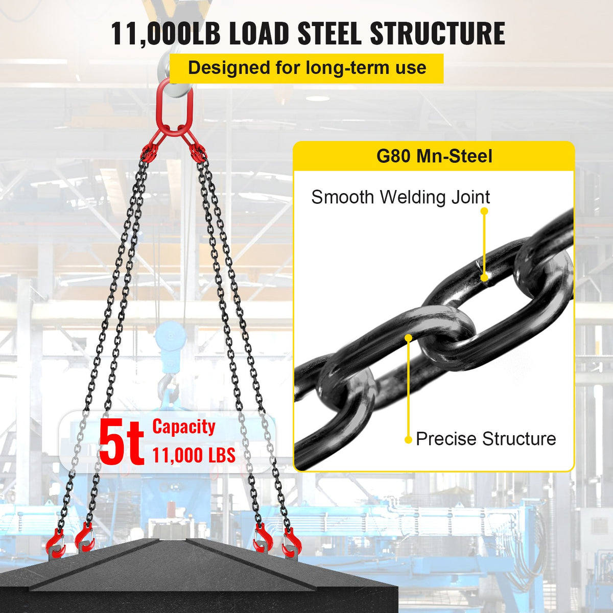 Chain Sling 8mm x 300cm, G80 5 Ton Engine Hoist Lifting Chain 4 Leg Hooks