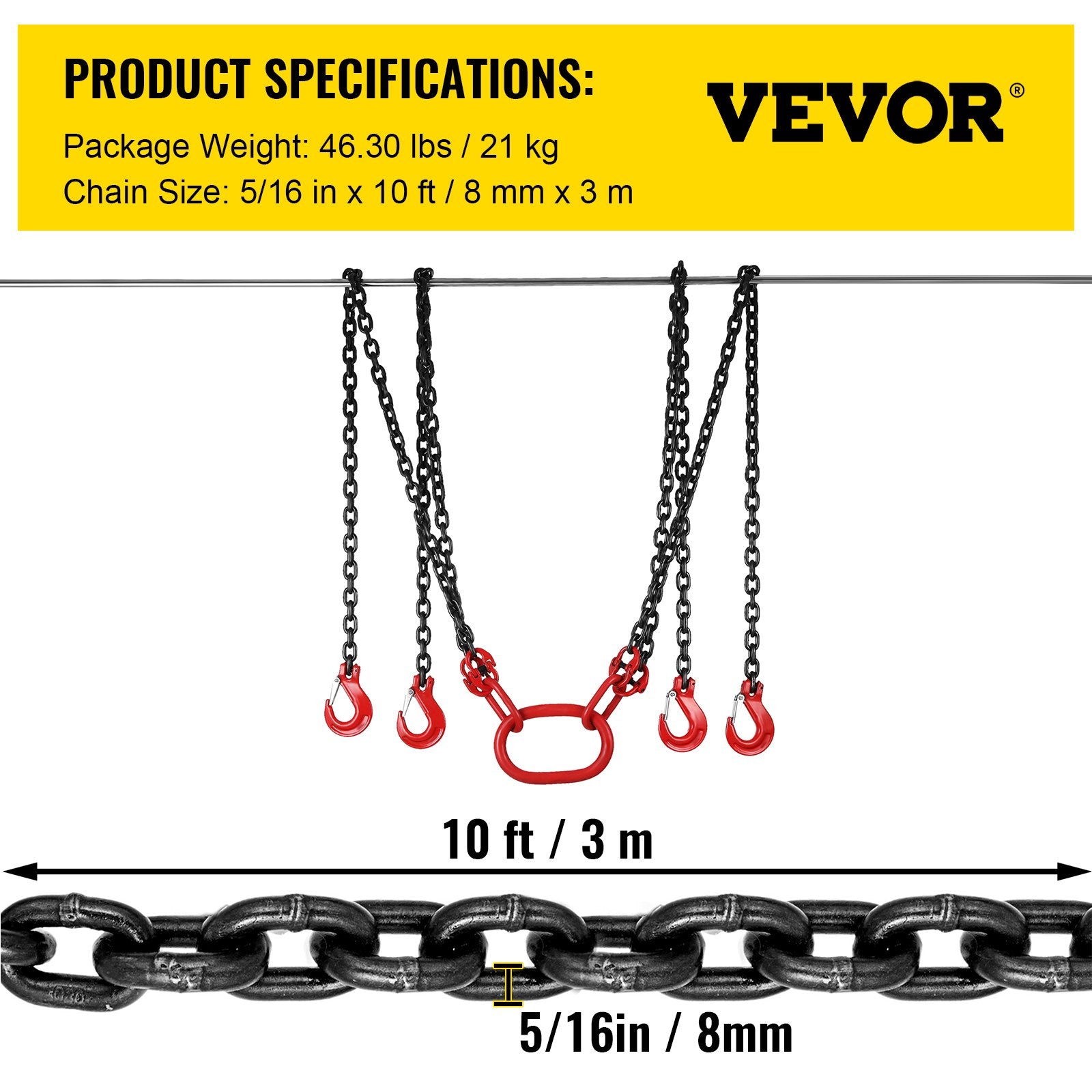 Chain Sling 8mm x 300cm, G80 5 Ton Engine Hoist Lifting Chain 4 Leg Hooks