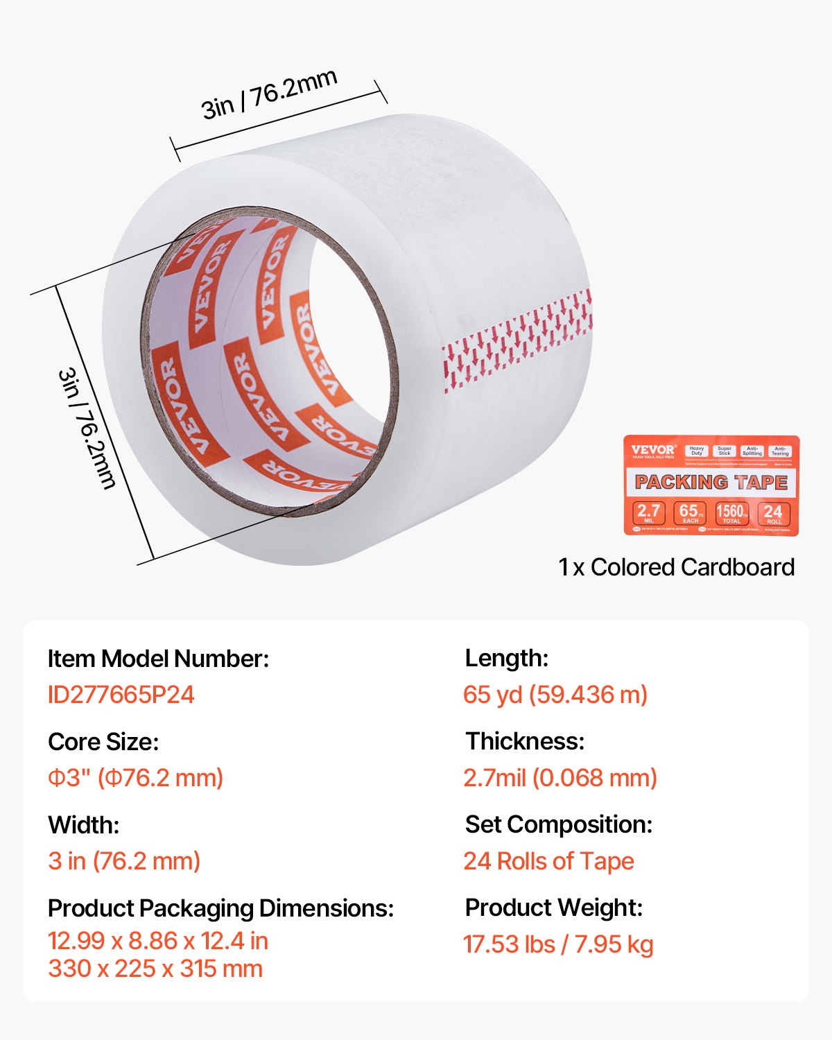 Clear Packing Tape 24 Rolls 3"x65yds 3in Core Heavy Duty Thick
