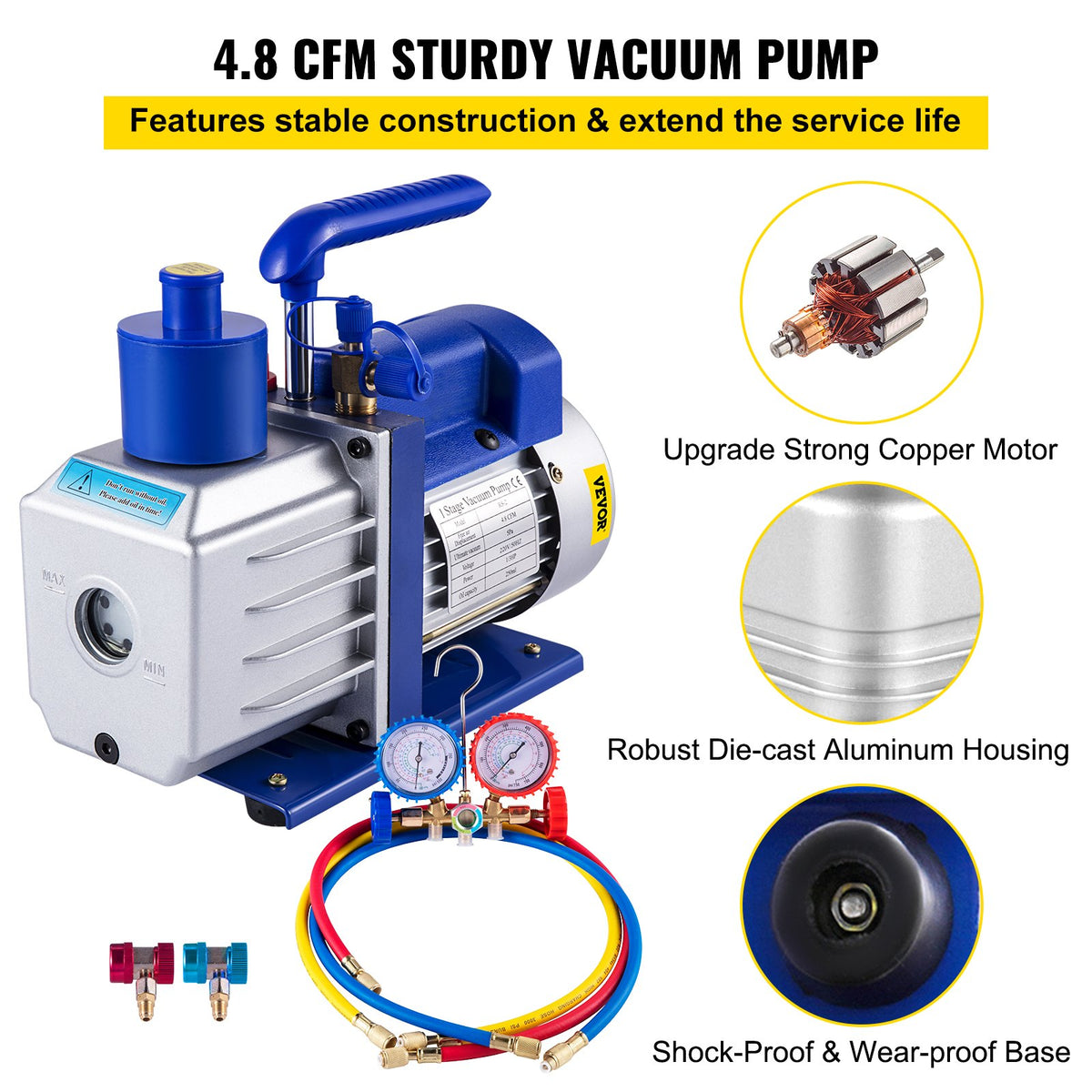 Vacuum Pump Kit 4.8CFM 1/3HP Single Stage with Manifold Gauge for HVAC A/C