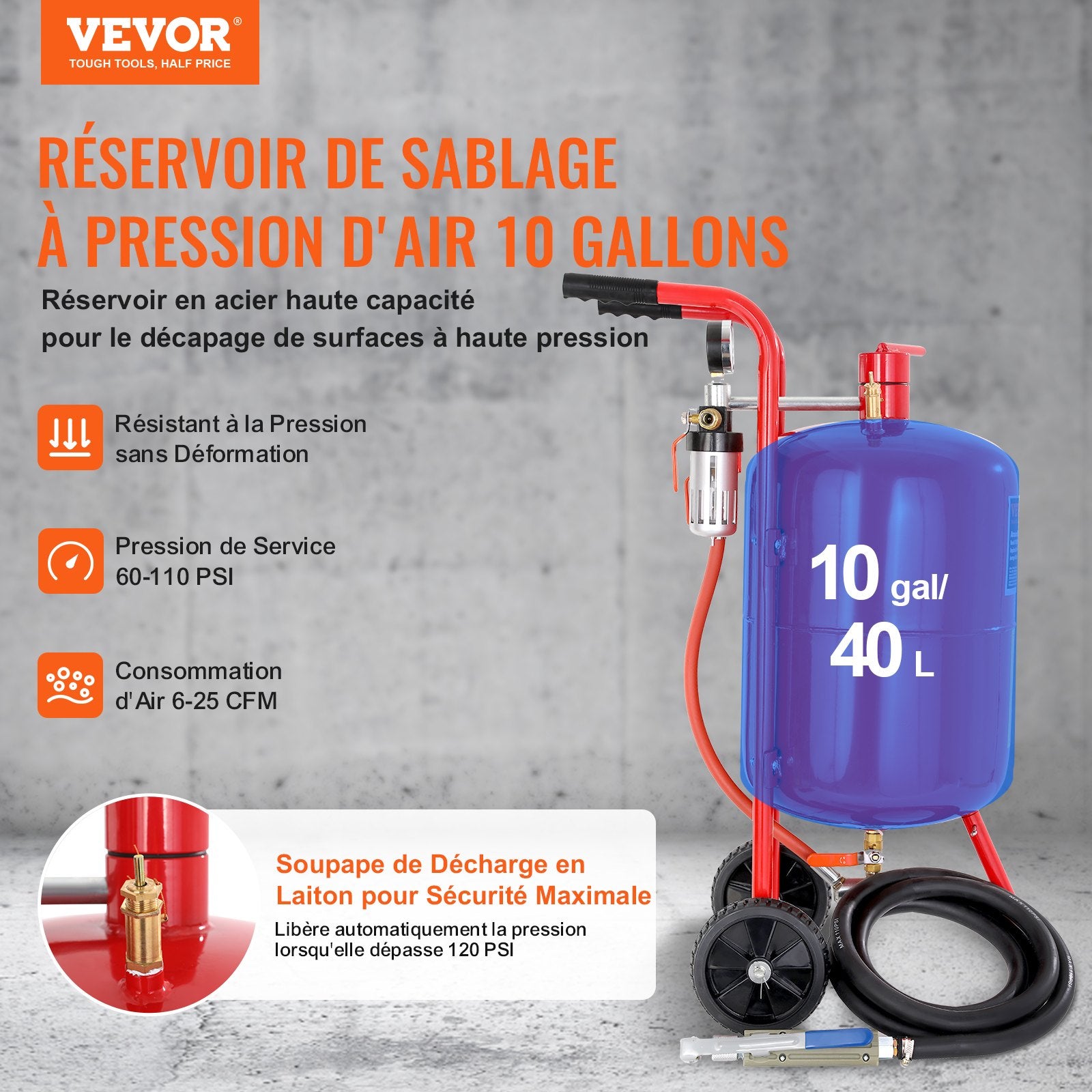 Sandblaster 10Gal/40L with Nozzle Shut-Off Valve Pressure Gauge 6" Wheels