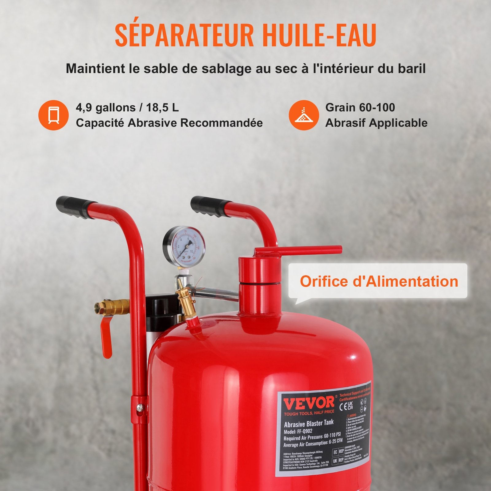 Sandblaster 10Gal/40L with Nozzle Shut-Off Valve Pressure Gauge 6" Wheels