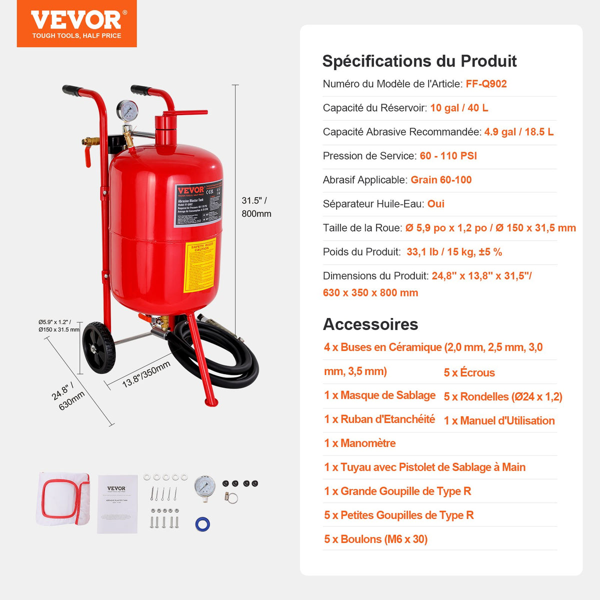 Sandblaster 10Gal/40L with Nozzle Shut-Off Valve Pressure Gauge 6" Wheels