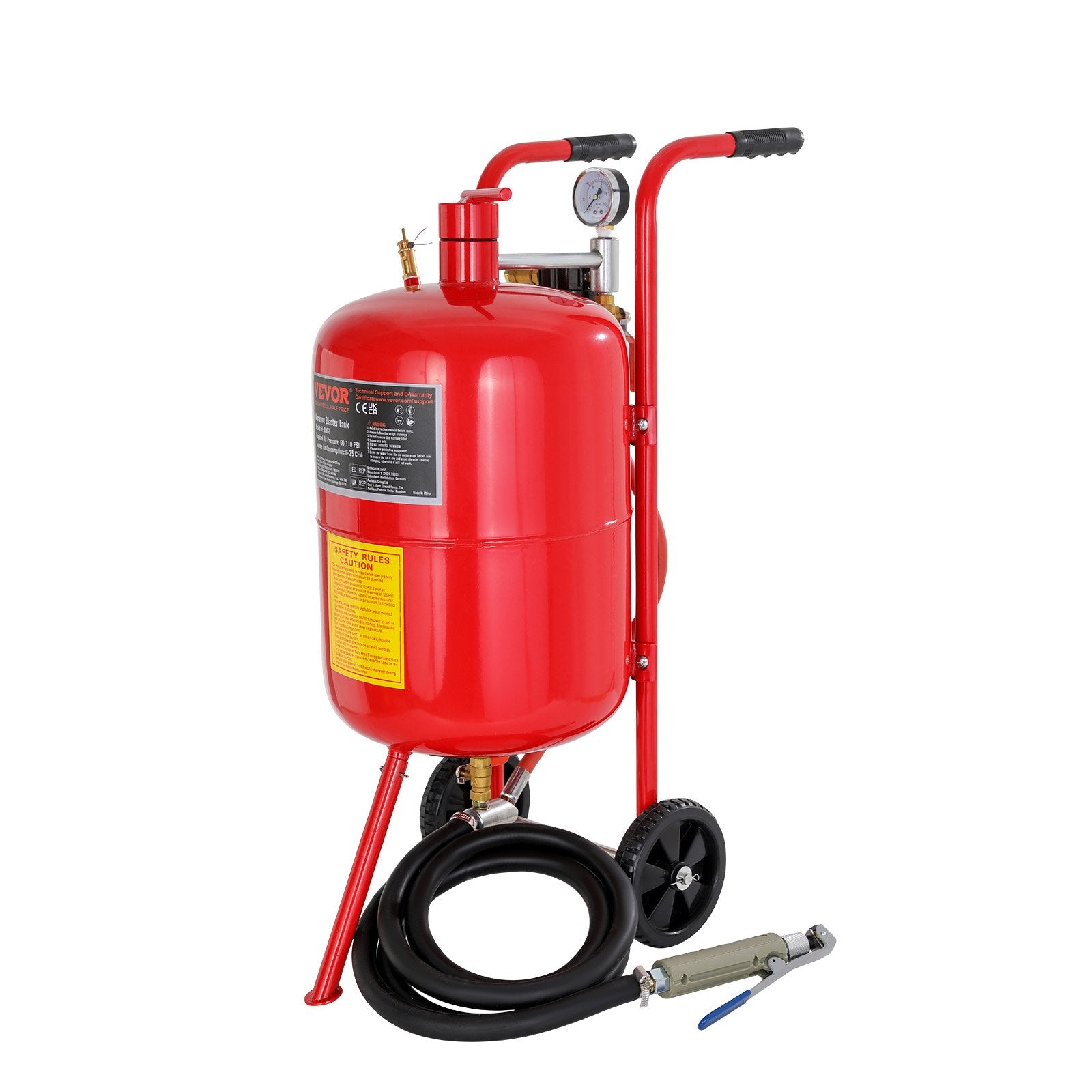 Sandblaster 10Gal/40L with Nozzle Shut-Off Valve Pressure Gauge 6" Wheels