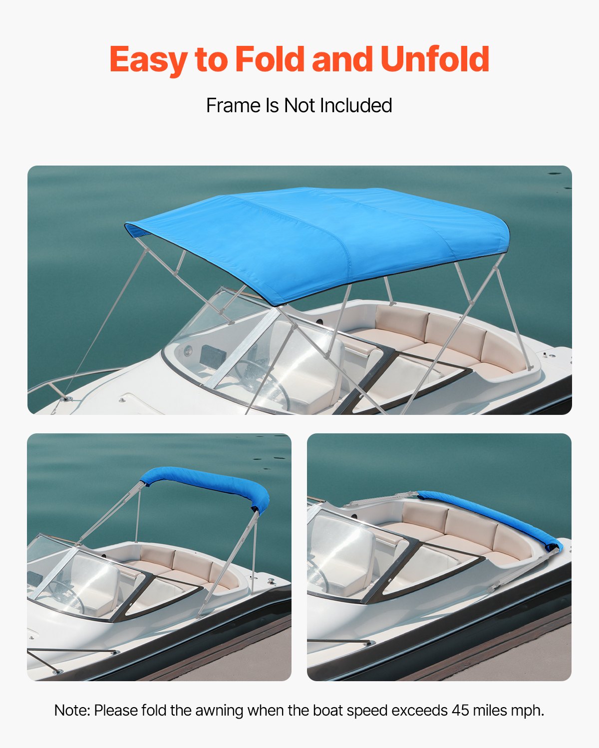 4 Bow Boat Bimini Top 600D Polyester Waterproof Sun Protection Pacific Blue