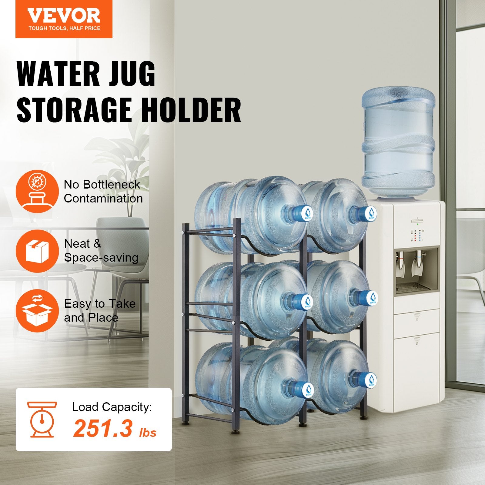 3 Tiers Water Jug Holder, Heavy Duty 5 Gallon Double Row Bottle Rack, Black