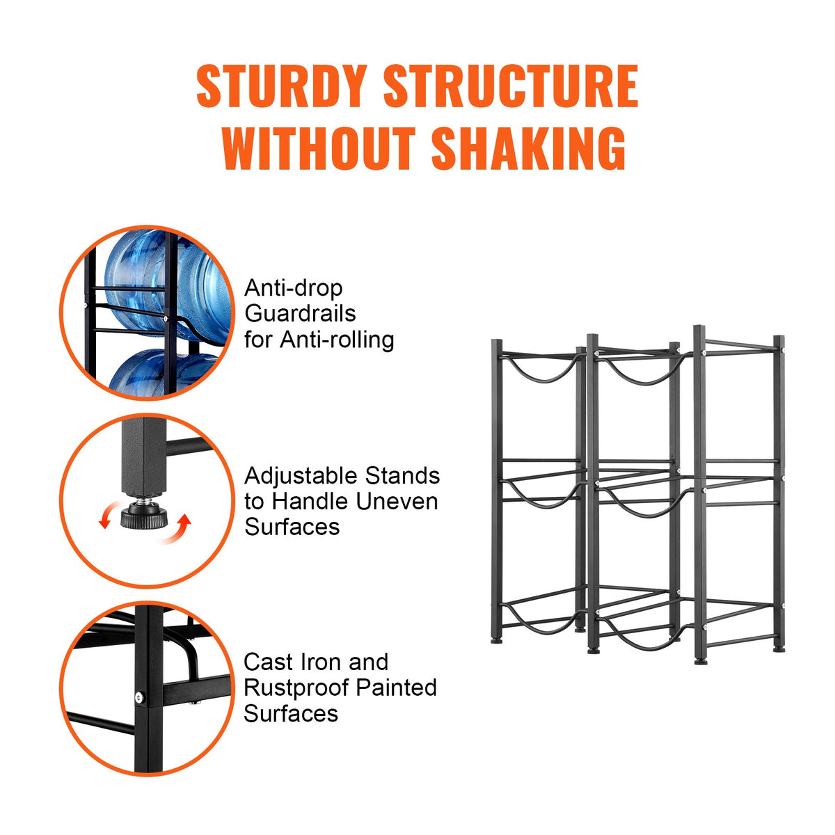 3 Tiers Water Jug Holder, Heavy Duty 5 Gallon Double Row Bottle Rack, Black