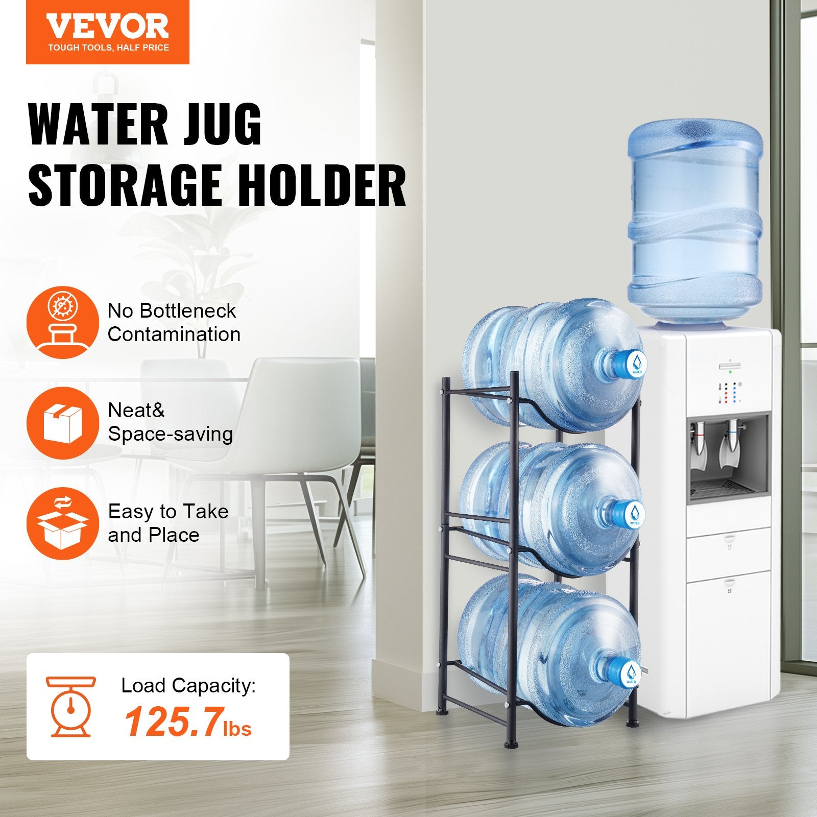Water Jug Holder 3 Tiers 5 Gallon Single Row Rack for 3 Bottles Heavy Duty Black