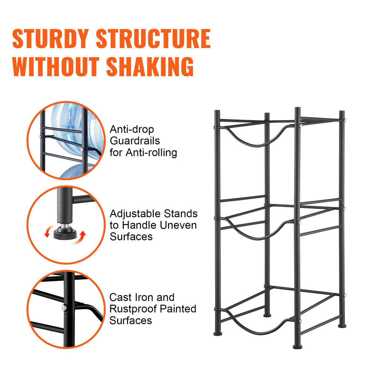 Water Jug Holder 3 Tiers 5 Gallon Single Row Rack for 3 Bottles Heavy Duty Black
