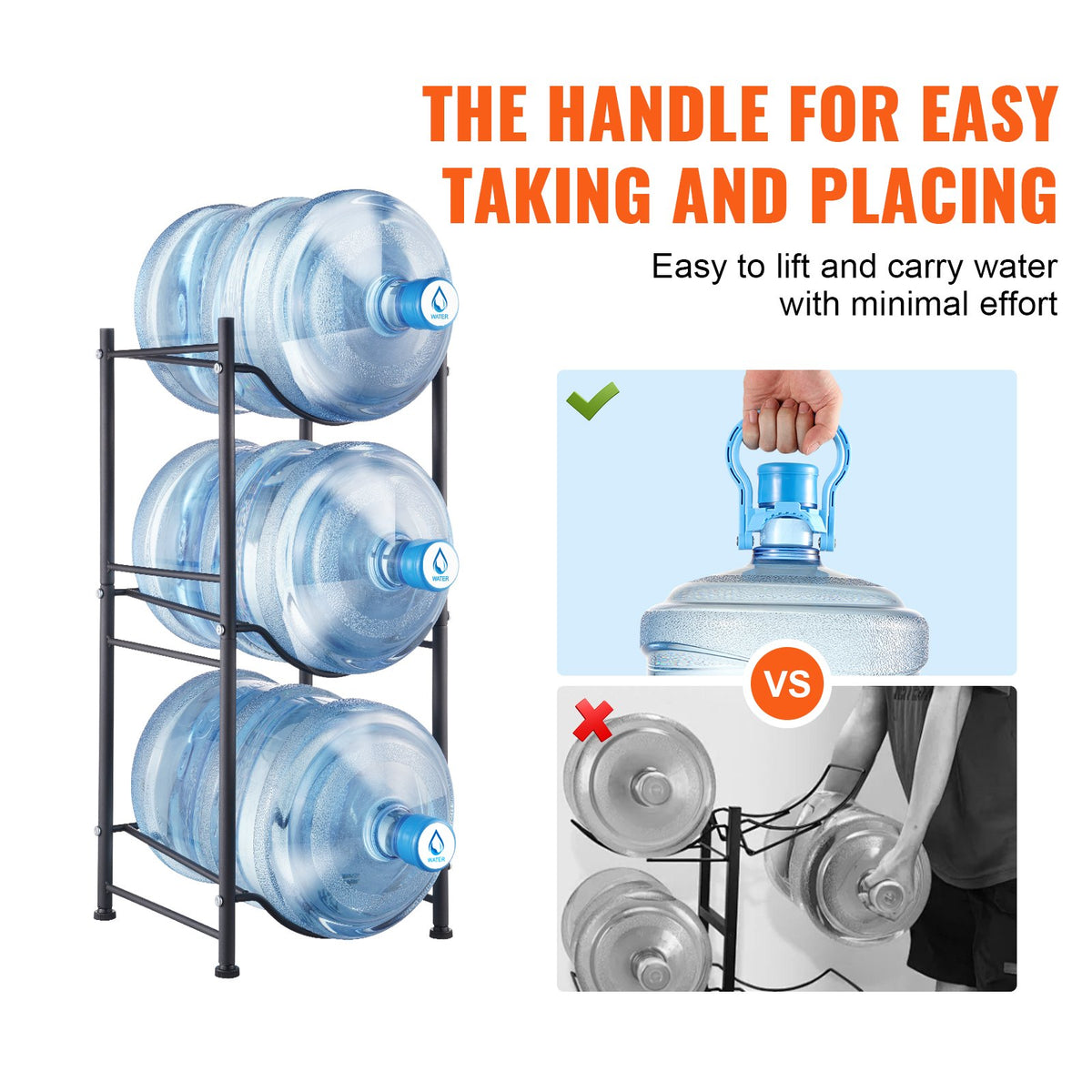 Water Jug Holder 3 Tiers 5 Gallon Single Row Rack for 3 Bottles Heavy Duty Black