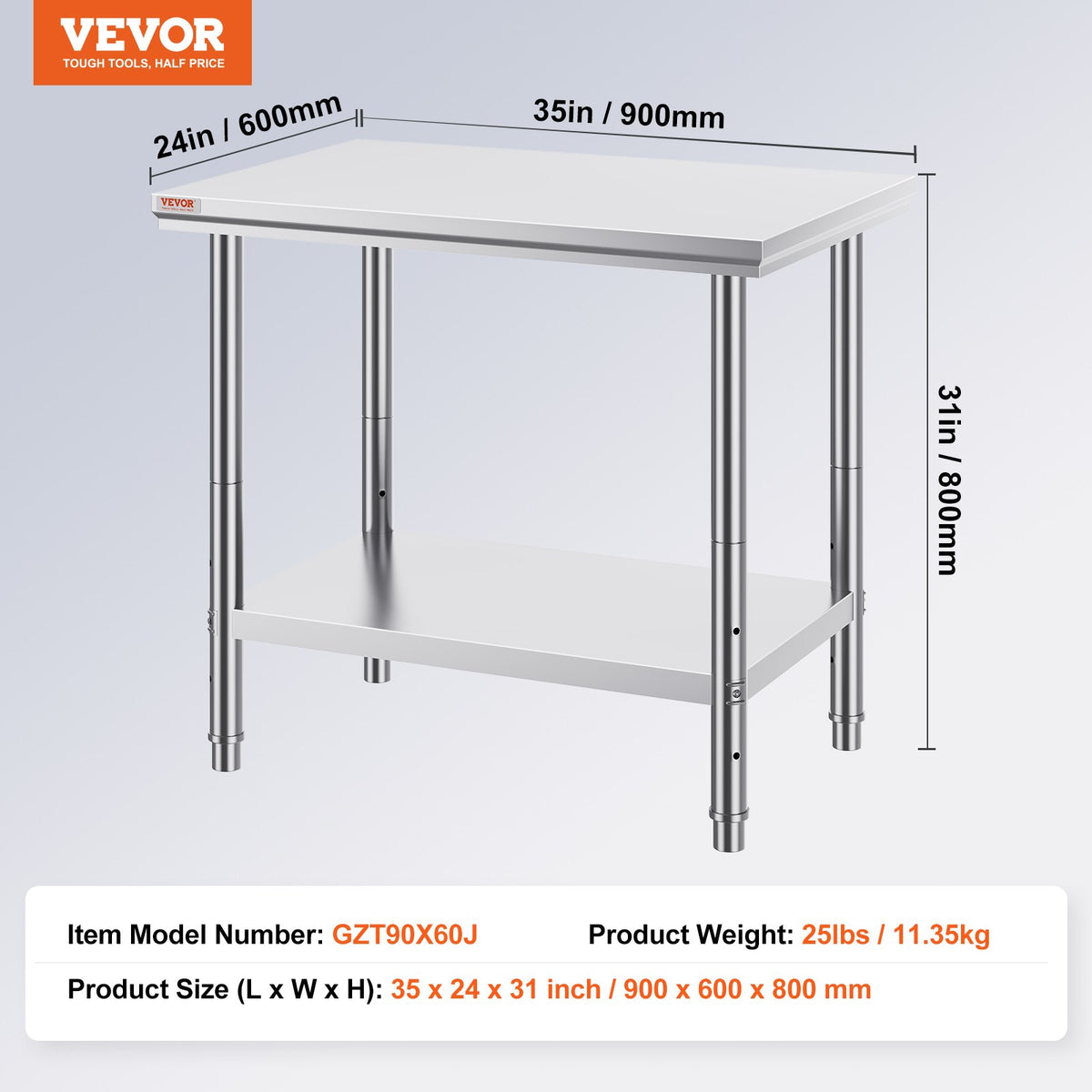 Stainless Steel Prep Table 900x600x800mm Heavy Duty Worktable 700lbs Load