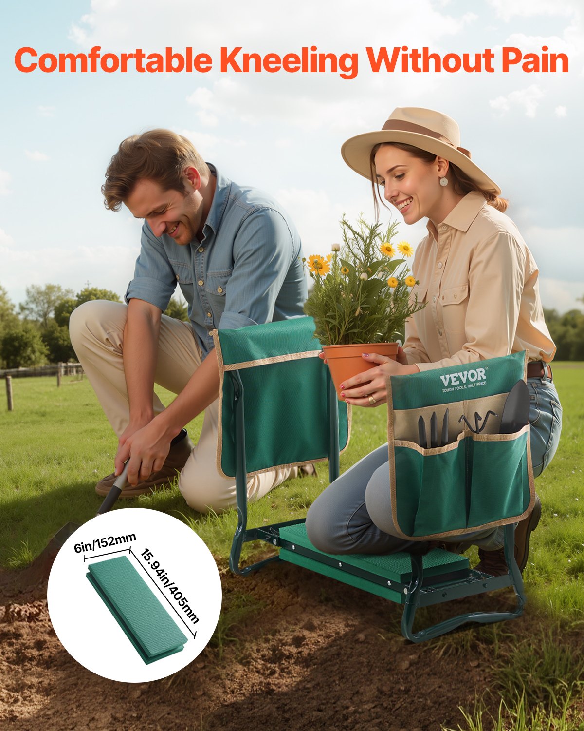 Garden Kneeler and Seat, 6in Pad, Folding Heavy-Duty Stool with 2 Tool Bags