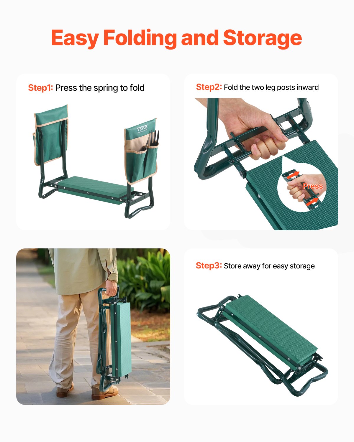 Garden Kneeler and Seat, 6in Pad, Folding Heavy-Duty Stool with 2 Tool Bags