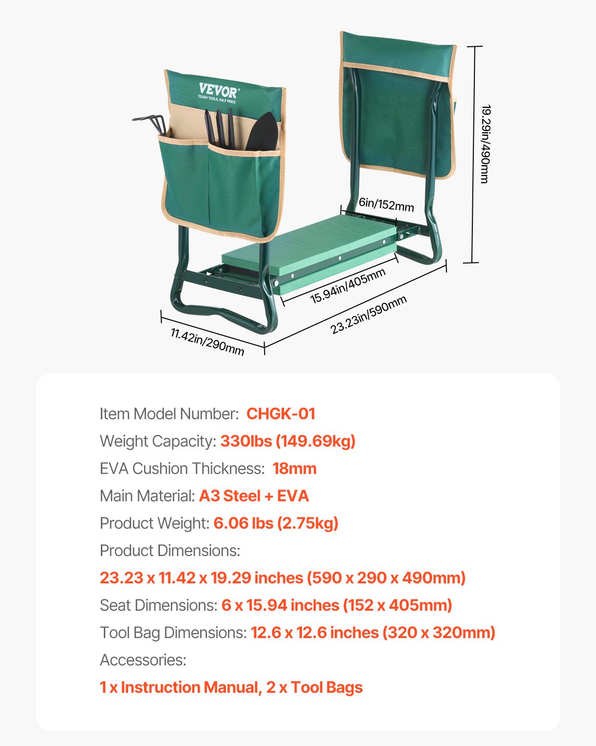 Garden Kneeler and Seat, 6in Pad, Folding Heavy-Duty Stool with 2 Tool Bags