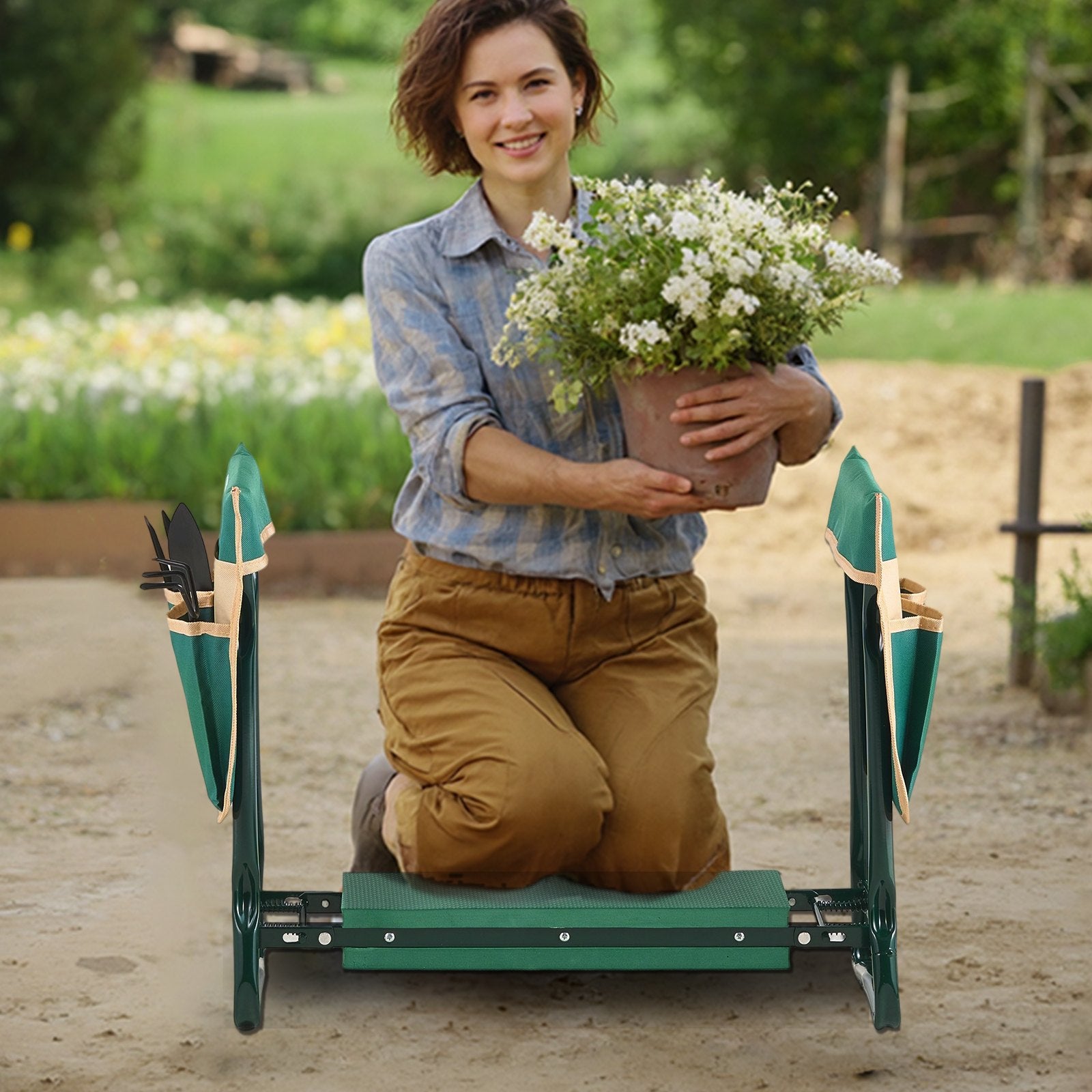 Garden Kneeler and Seat, 6in Pad, Folding Heavy-Duty Stool with 2 Tool Bags